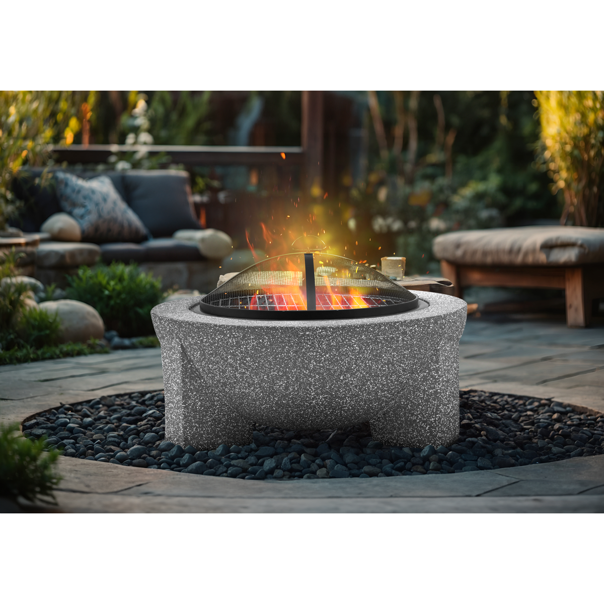 Dellonda DG190 Dellonda Round MgO Fire Pit with BBQ Grill & Safety Mesh Screen 75cm - Light Grey