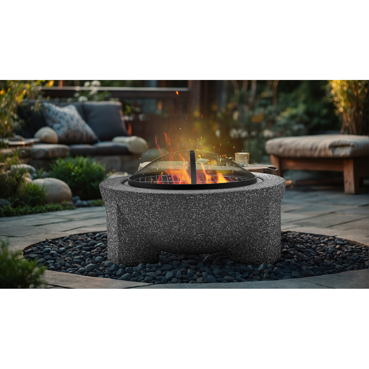 Dellonda DG191 Dellonda Round MgO Fire Pit with BBQ Grill & Safety Mesh Screen 75cm - Dark Grey