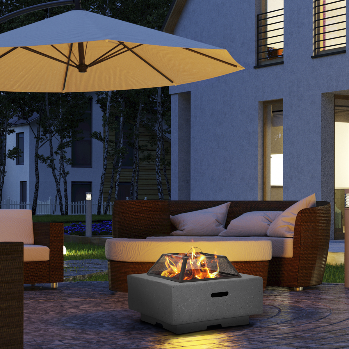 Dellonda DG193 Dellonda Square MgO Fire Pit with BBQ Grill, Safety Mesh Screen - Dark Grey