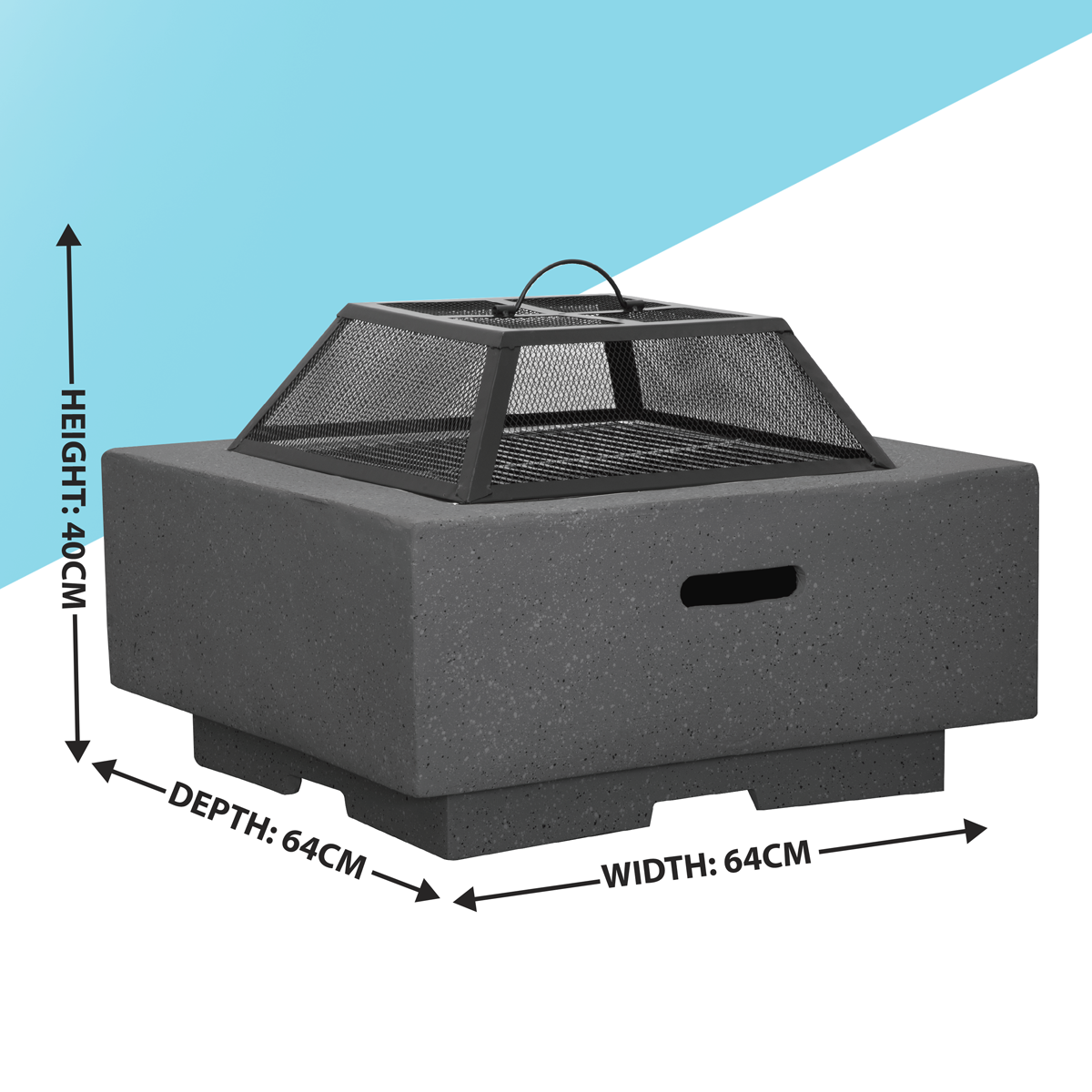 Dellonda DG193 Dellonda Square MgO Fire Pit with BBQ Grill, Safety Mesh Screen - Dark Grey