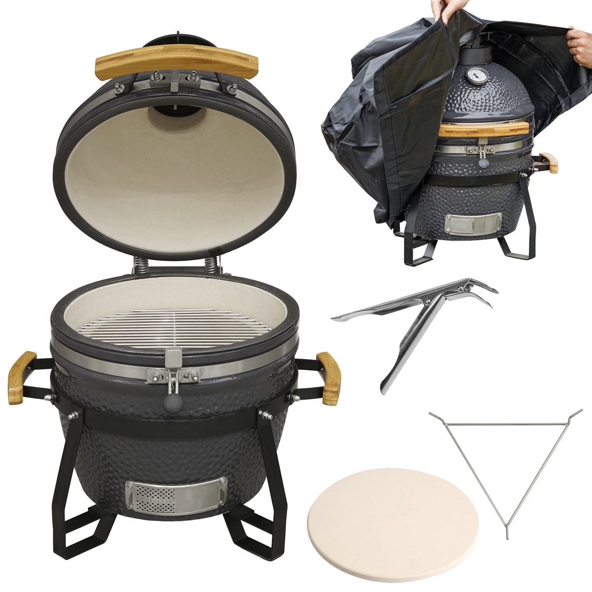 Dellonda DG235 Dellonda Deluxe 16"(40cm) Ceramic Kamado Style BBQ, Cover, Grid Gripper, Heat Deflector & Heat Deflector Support