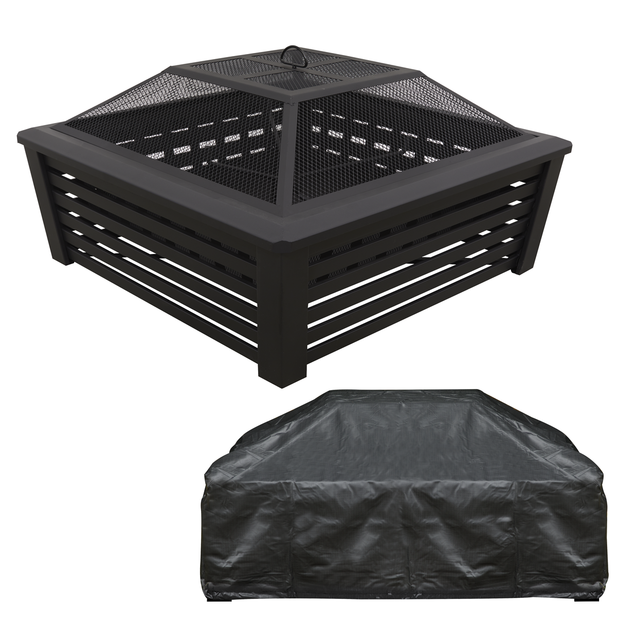 Dellonda DG238 Dellonda 89cm Square Outdoor Fire Pit, Mesh Screen Lid, Black with Water-Resistant Drawstring Cover