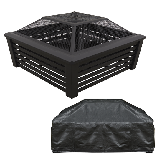 Dellonda DG238 Dellonda 89cm Square Outdoor Fire Pit, Mesh Screen Lid, Black with Water-Resistant Drawstring Cover