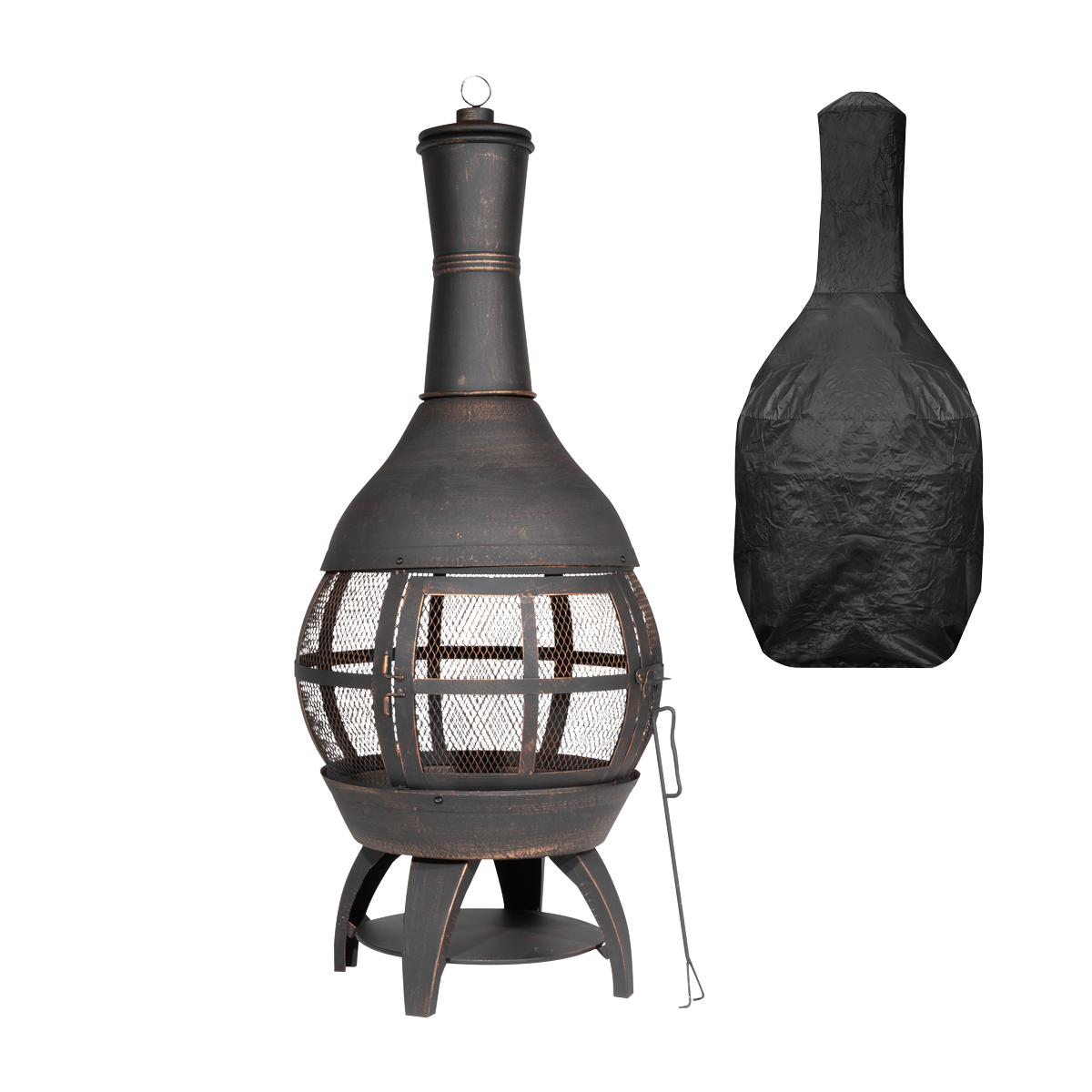 Dellonda DG241 Dellonda Deluxe 360° Chiminea/Fire Pit/Outdoor Heater with Fire Poker & Water-Resistant Drawstring Cover - Antique Bronze Finish - DG241