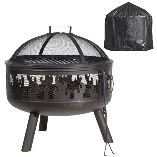 Dellonda DG242 Dellonda Deluxe 24" Fire Pit, Fireplace, Outdoor Patio Heater, Decoration Rings, Supplied with Cooking Grill, Safety Screen, Poker & Cover