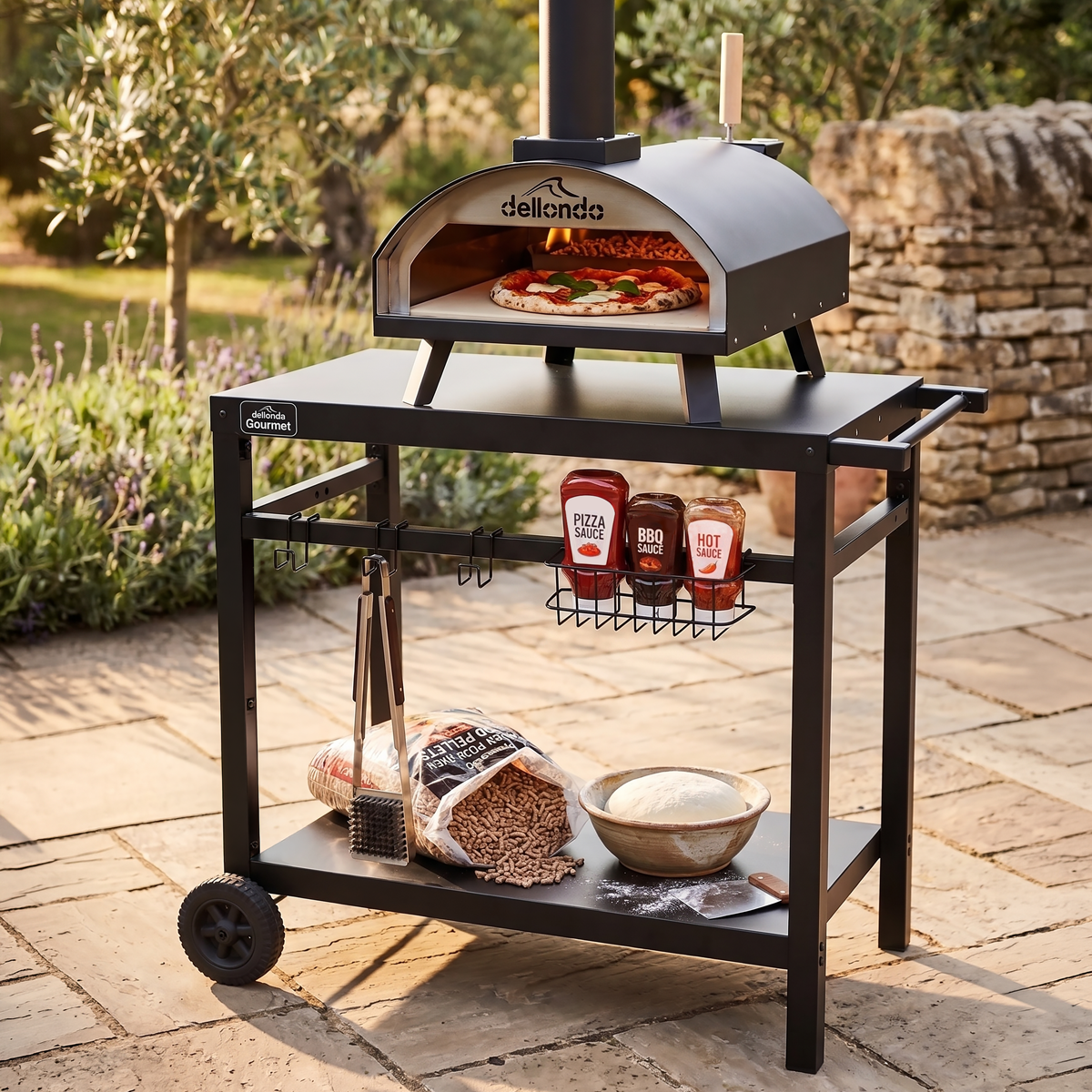 Dellonda DG258 Dellonda Wood-Fired Pizza Oven, Pizza Peel, Cover & Plancha Trolley 14" - Black