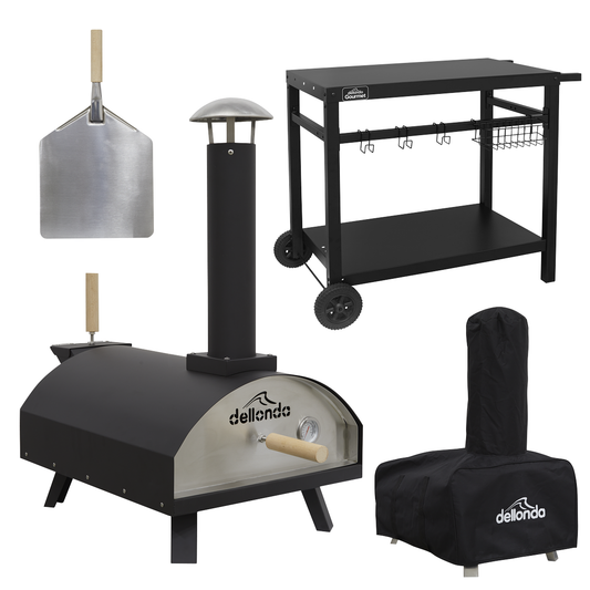 Dellonda DG258 Dellonda Wood-Fired Pizza Oven, Pizza Peel, Cover & Plancha Trolley 14" - Black