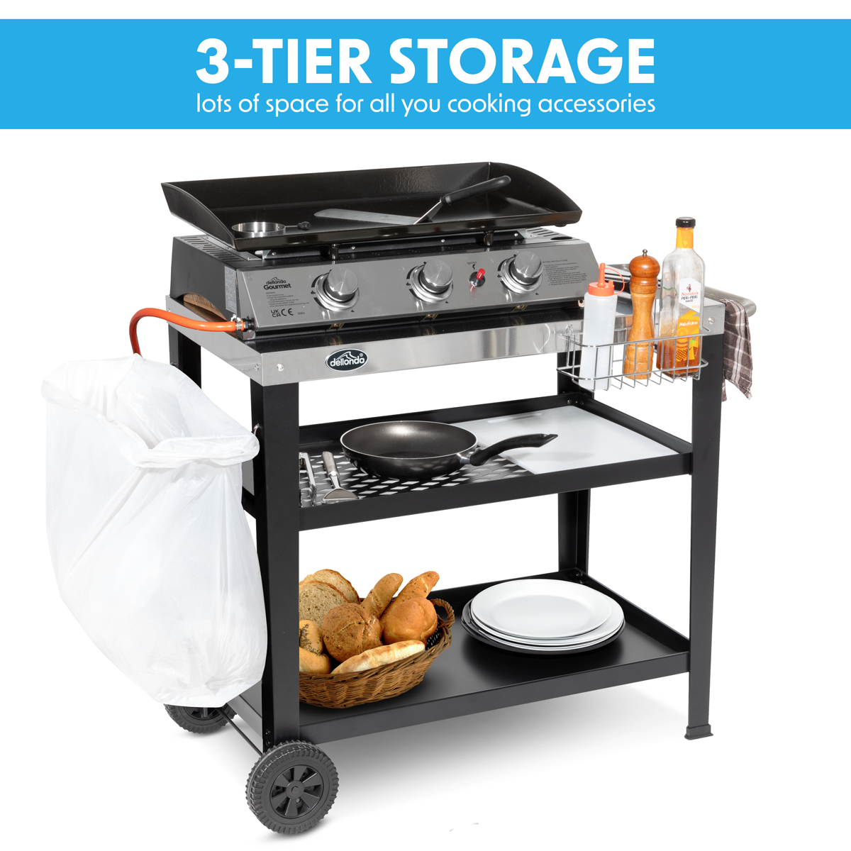 Dellonda DG263 Dellonda Plancha Trolley with Utensil Holder - Stainless Steel Top