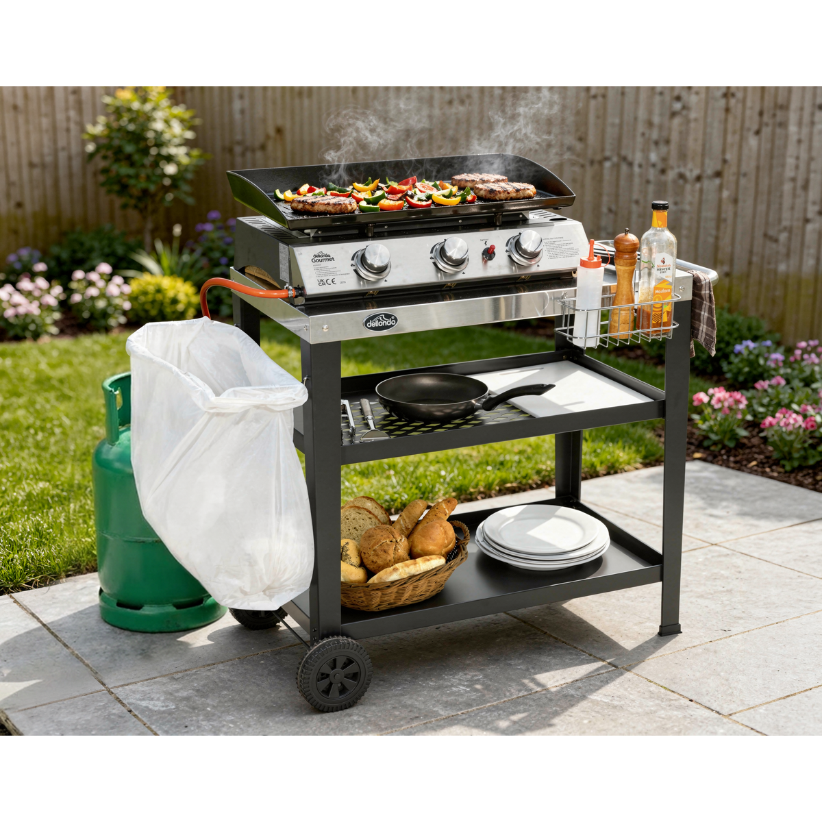 Dellonda DG263 Dellonda Plancha Trolley with Utensil Holder - Stainless Steel Top