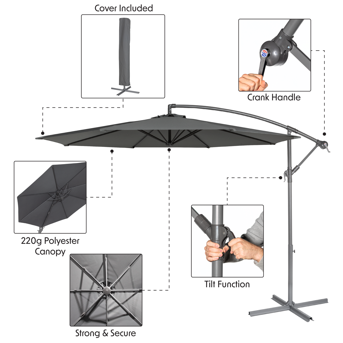 Dellonda DG264 Dellonda Banana Parasol with Cover 3m - Grey
