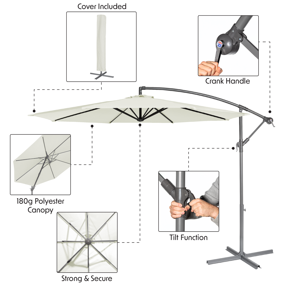 Dellonda DG265 Dellonda Banana Parasol with Cover 3m - Cream