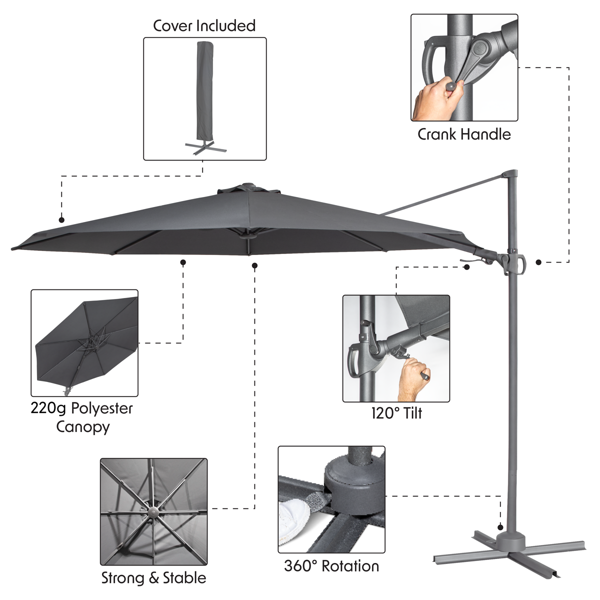 Dellonda DG267 Dellonda Cantilever Parasol with 360° Rotation, Tilt & Cover 3m - Grey