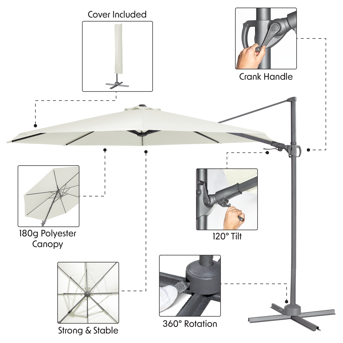Dellonda DG268 Dellonda Cantilever Parasol with 360° Rotation, Tilt & Cover 3m - Cream