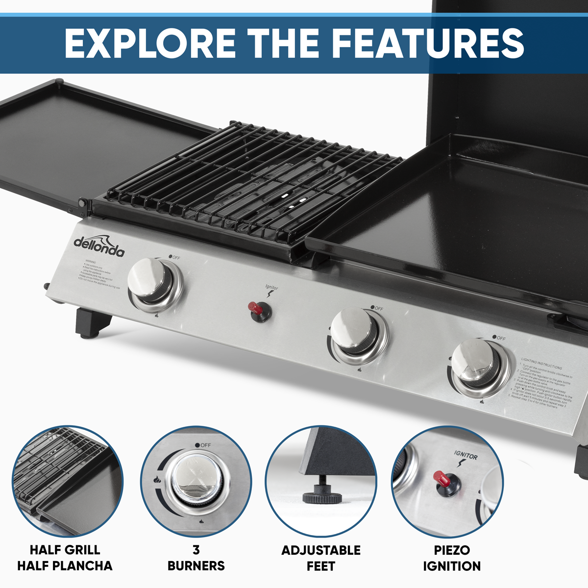 Dellonda DG276 Dellonda 3 Burner Stainless Steel Portable Gas Plancha/Grill 8.5kW