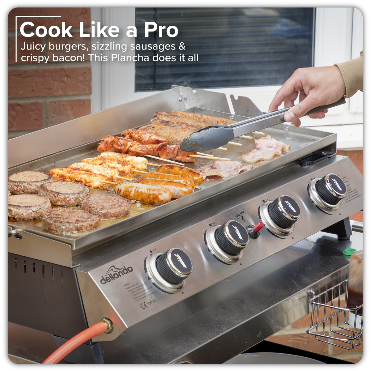 Dellonda DG277 Dellonda 4 Burner Stainless Steel Portable Gas Plancha with Warming Rack 10kW