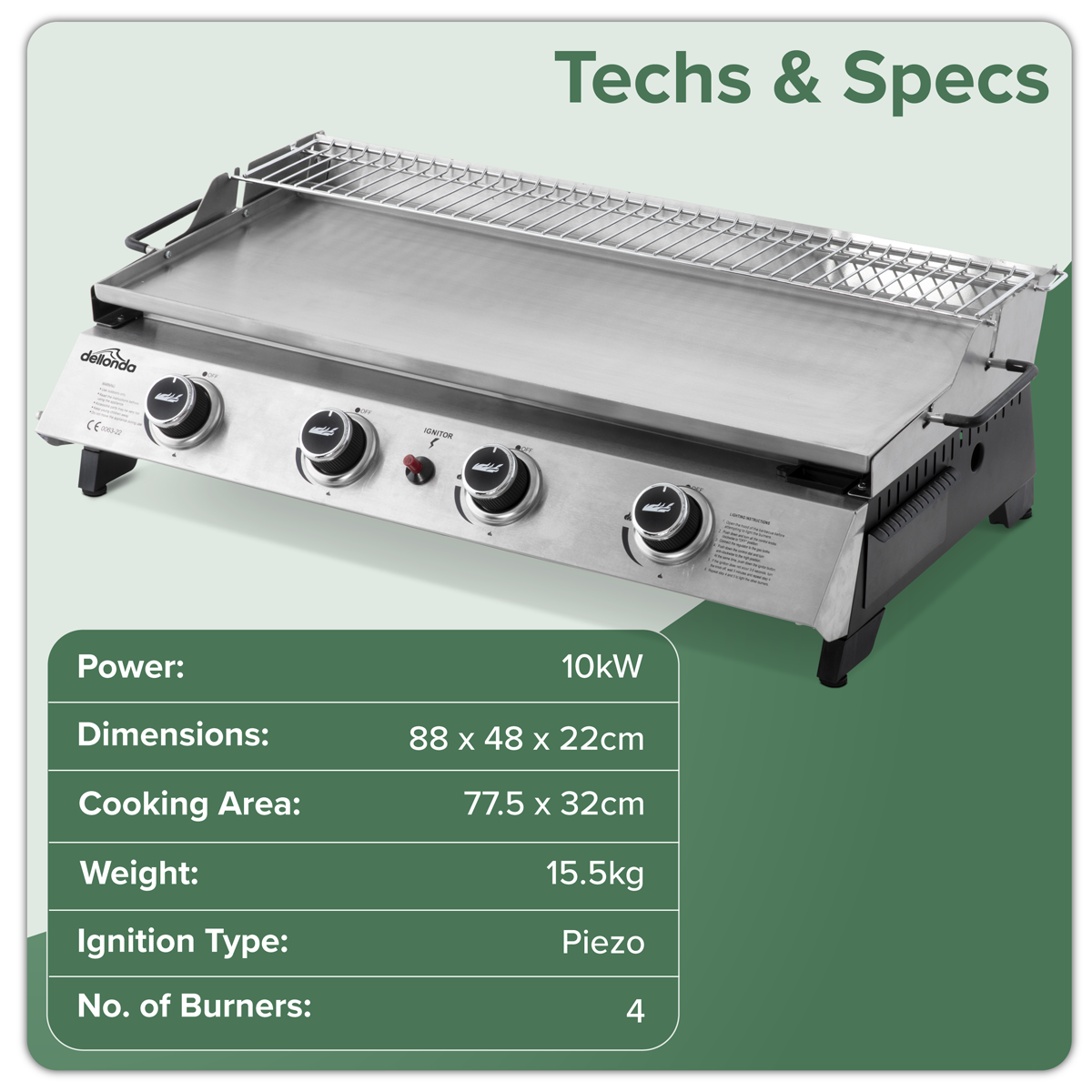 Dellonda DG277 Dellonda 4 Burner Stainless Steel Portable Gas Plancha with Warming Rack 10kW