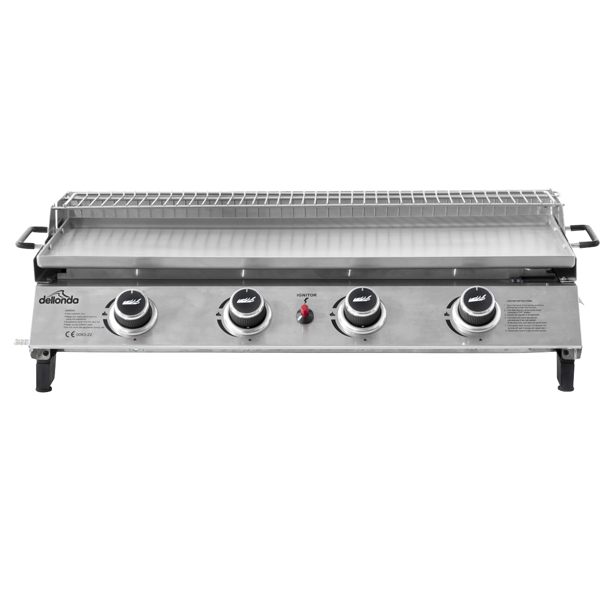 Dellonda DG277 Dellonda 4 Burner Stainless Steel Portable Gas Plancha with Warming Rack 10kW