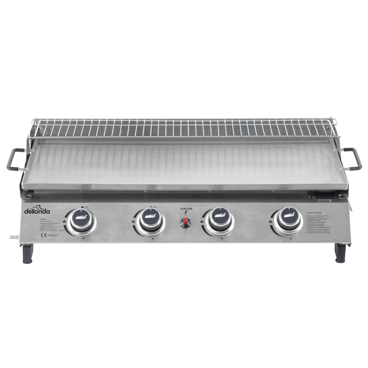 Dellonda DG277 Dellonda 4 Burner Stainless Steel Portable Gas Plancha with Warming Rack 10kW