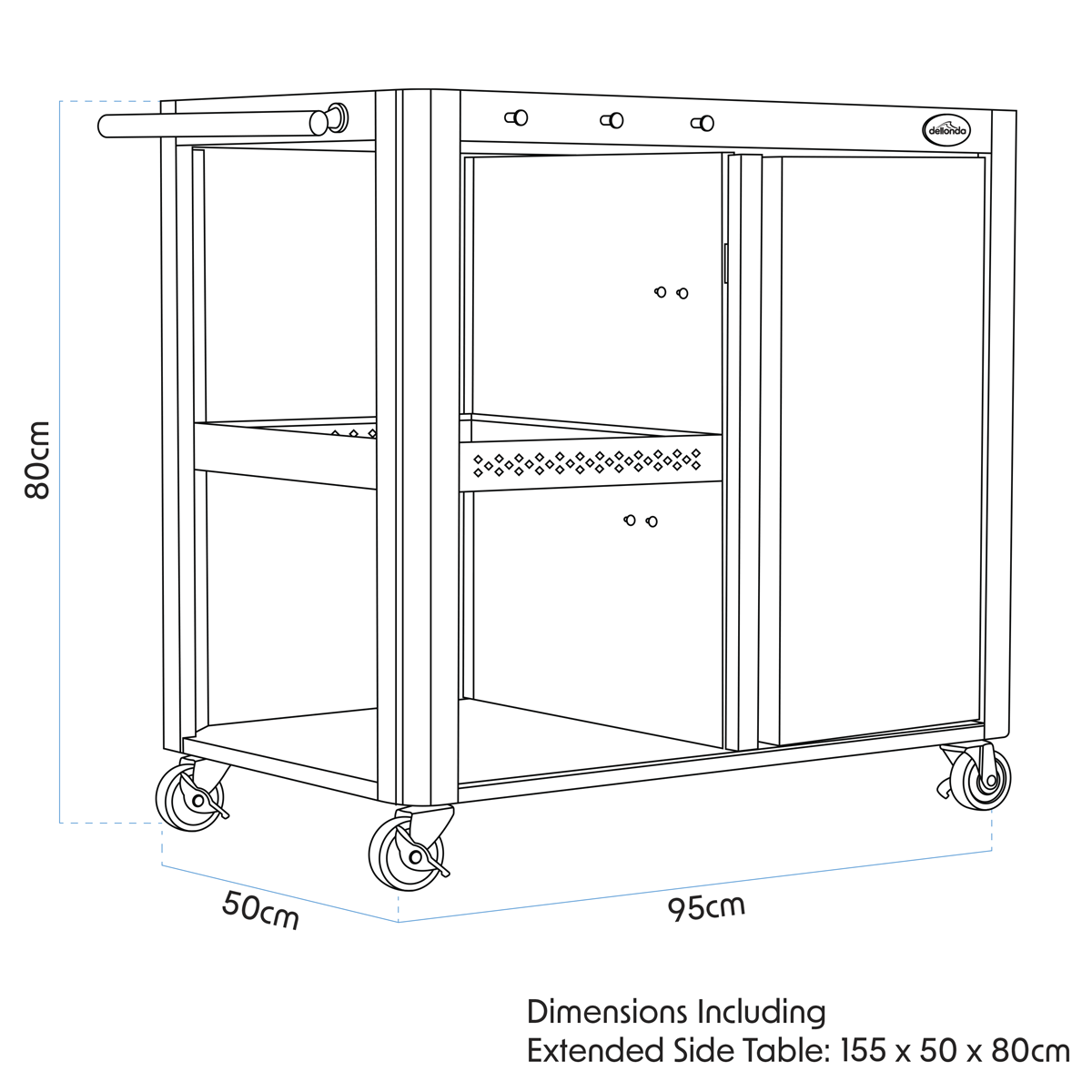 Dellonda DG282 Dellonda BBQ/Plancha Workstation Trolley with Cupboard, Extension Table & Utensil Hooks, Black