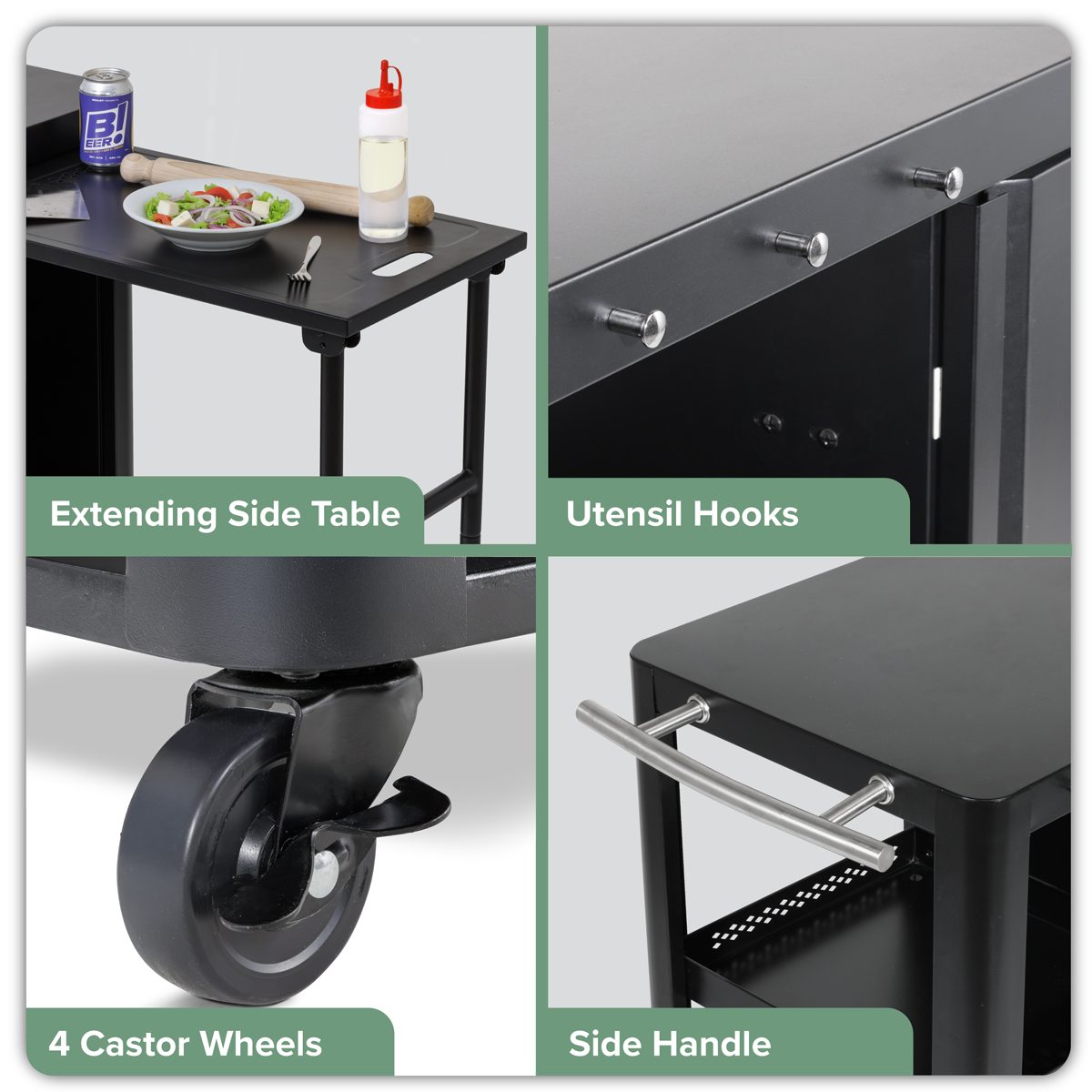 Dellonda DG282 Dellonda BBQ/Plancha Workstation Trolley with Cupboard, Extension Table & Utensil Hooks, Black