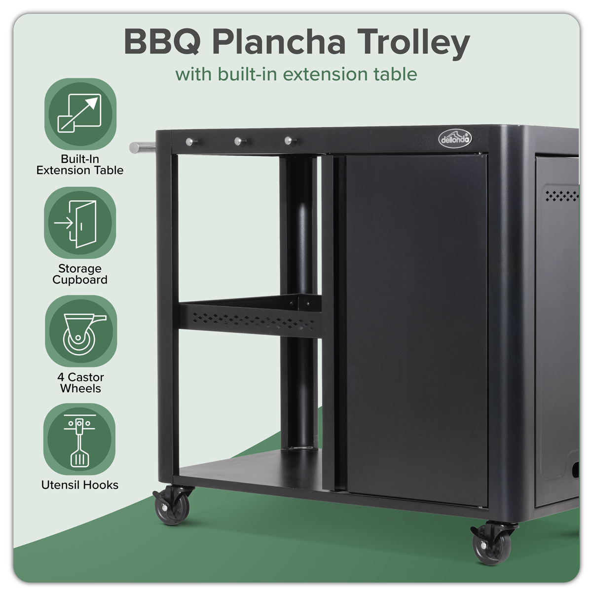 Dellonda DG282 Dellonda BBQ/Plancha Workstation Trolley with Cupboard, Extension Table & Utensil Hooks, Black