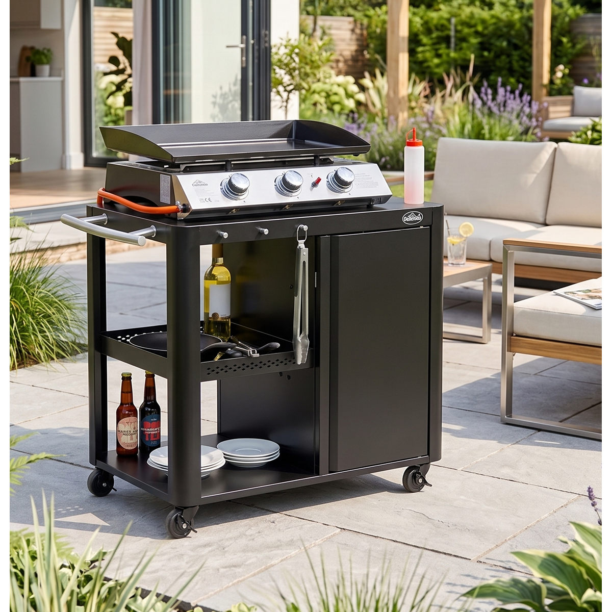 Dellonda DG282 Dellonda BBQ/Plancha Workstation Trolley with Cupboard, Extension Table & Utensil Hooks, Black