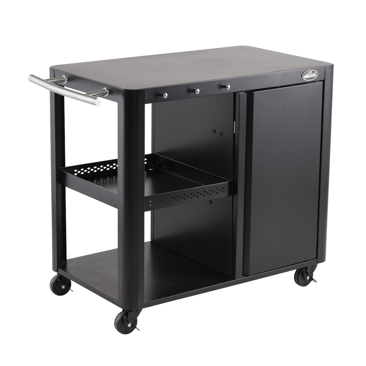 Dellonda DG282 Dellonda BBQ/Plancha Workstation Trolley with Cupboard, Extension Table & Utensil Hooks, Black
