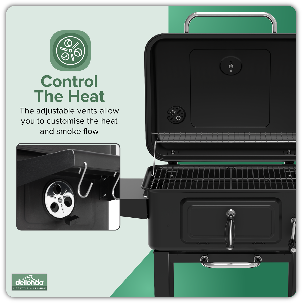 Dellonda DG283 Dellonda Charcoal Grill BBQ Smoker & Trolley with 2 Side Shelves - Black