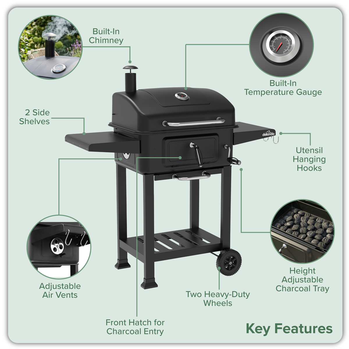 Dellonda DG283 Dellonda Charcoal Grill BBQ Smoker & Trolley with 2 Side Shelves - Black