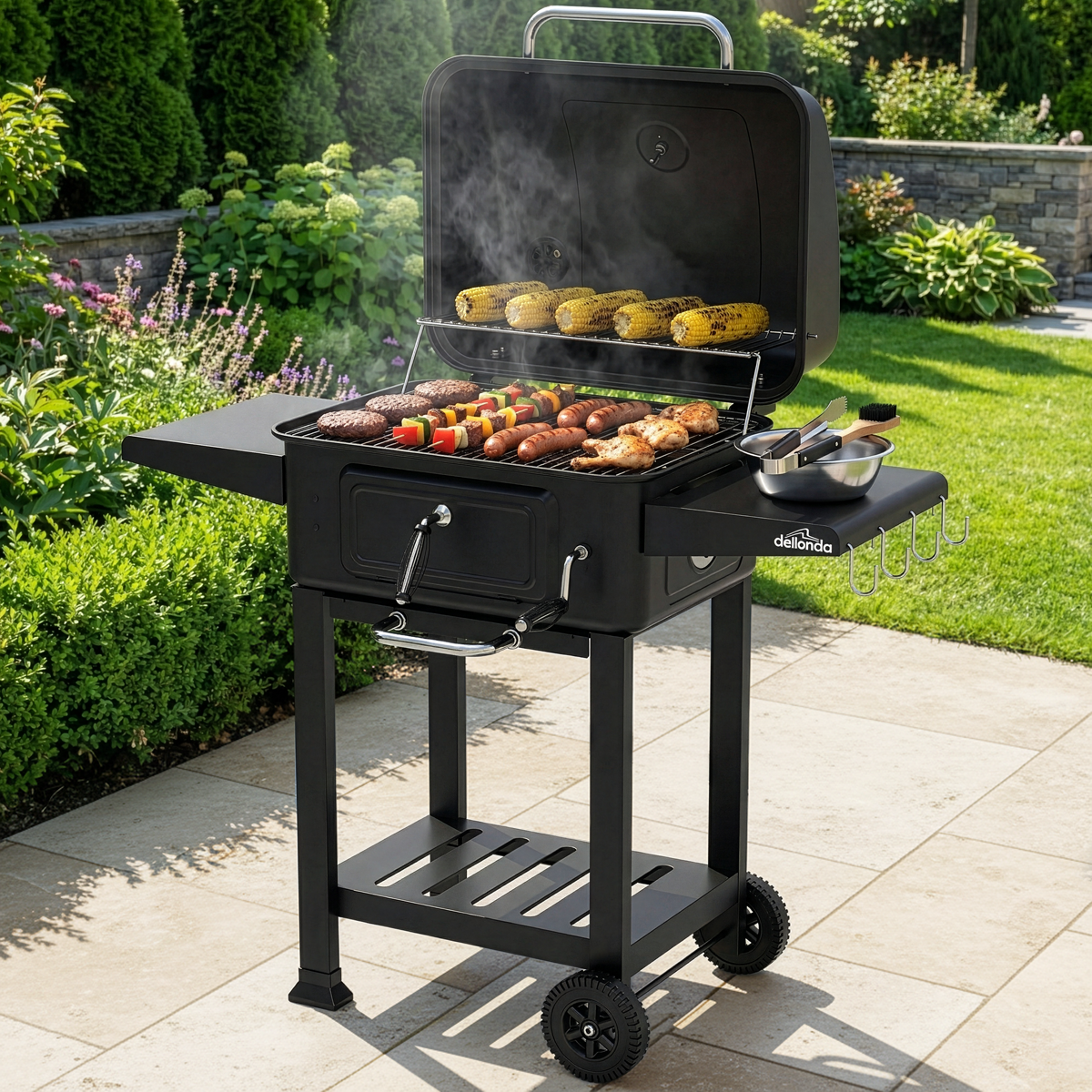 Dellonda DG283 Dellonda Charcoal Grill BBQ Smoker & Trolley with 2 Side Shelves - Black