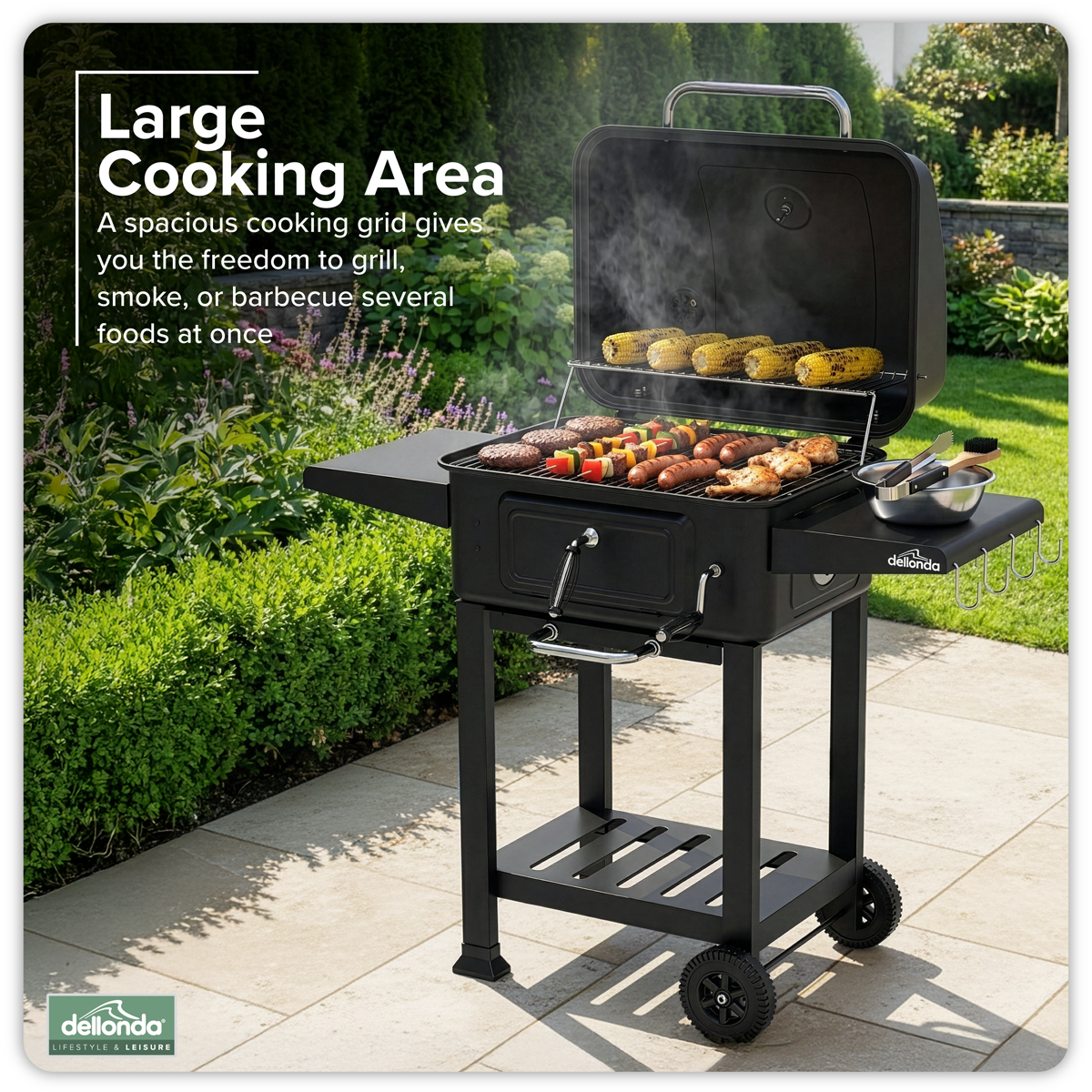 Dellonda DG283 Dellonda Charcoal Grill BBQ Smoker & Trolley with 2 Side Shelves - Black