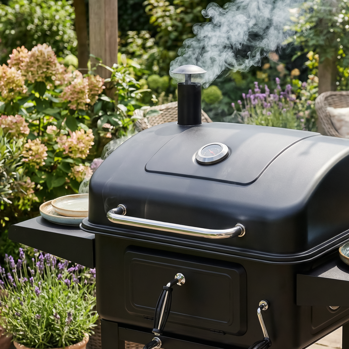 Dellonda DG283 Dellonda Charcoal Grill BBQ Smoker & Trolley with 2 Side Shelves - Black