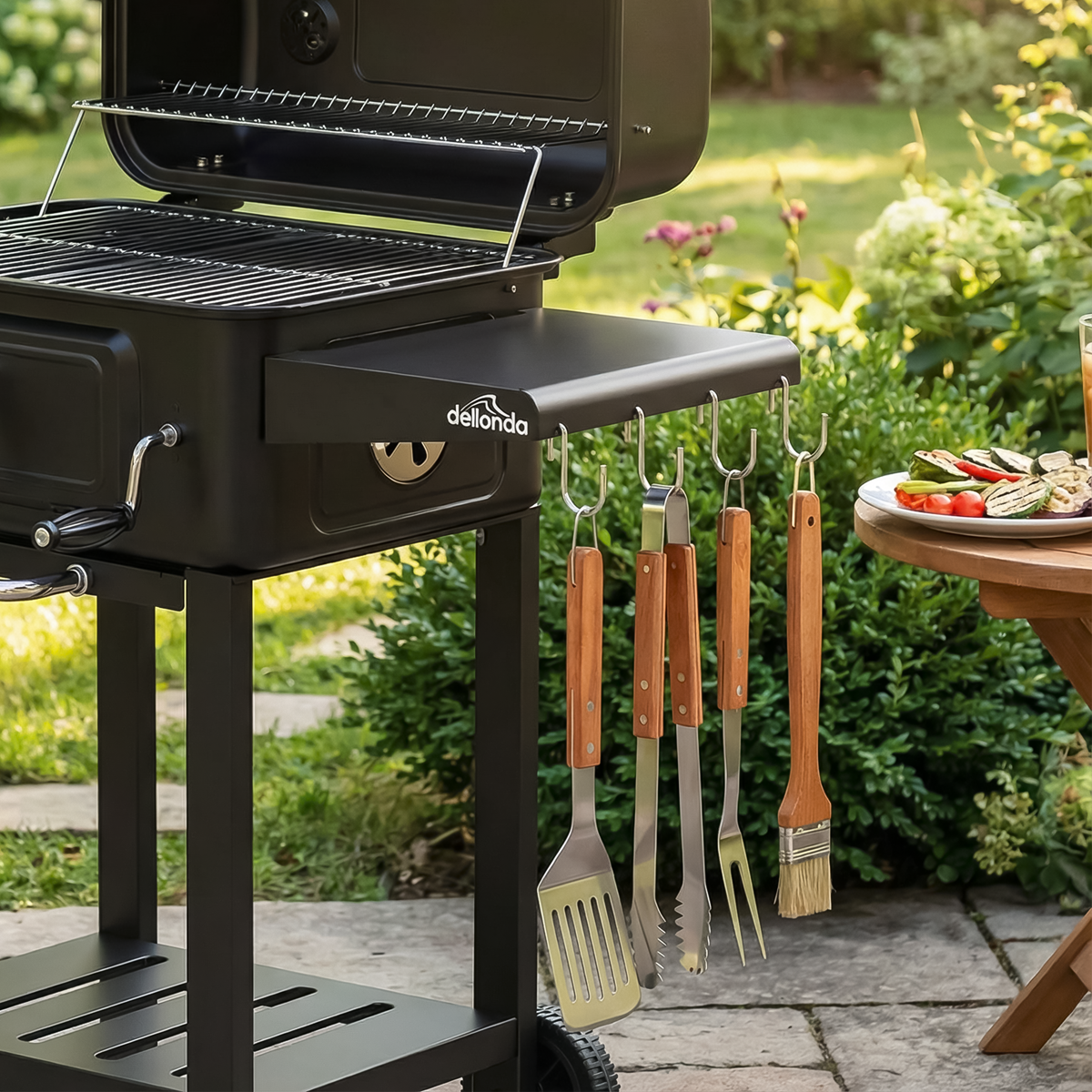 Dellonda DG283 Dellonda Charcoal Grill BBQ Smoker & Trolley with 2 Side Shelves - Black