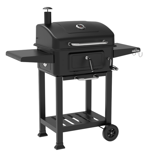 Dellonda DG283 Dellonda Charcoal Grill BBQ Smoker & Trolley with 2 Side Shelves - Black