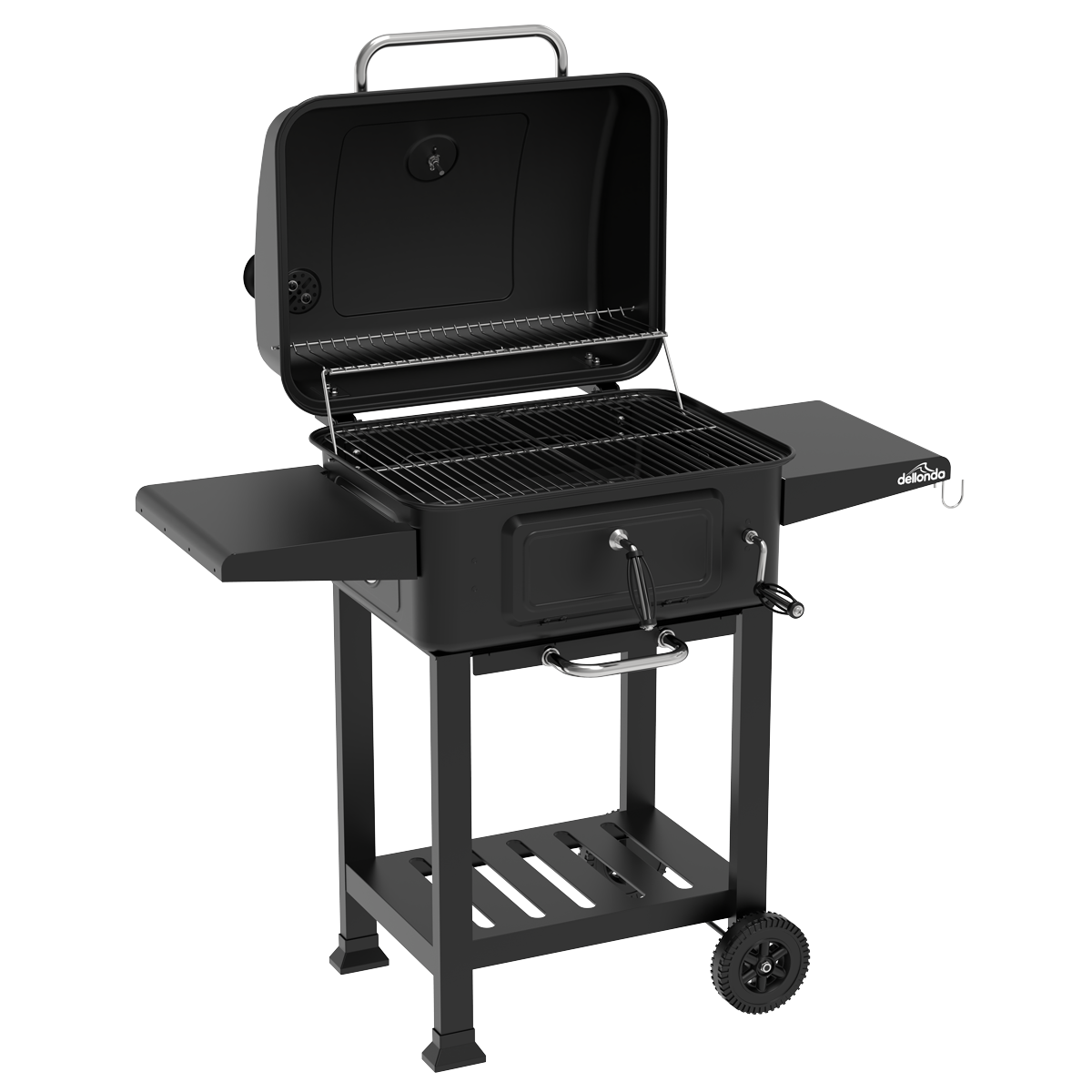 Dellonda DG283 Dellonda Charcoal Grill BBQ Smoker & Trolley with 2 Side Shelves - Black