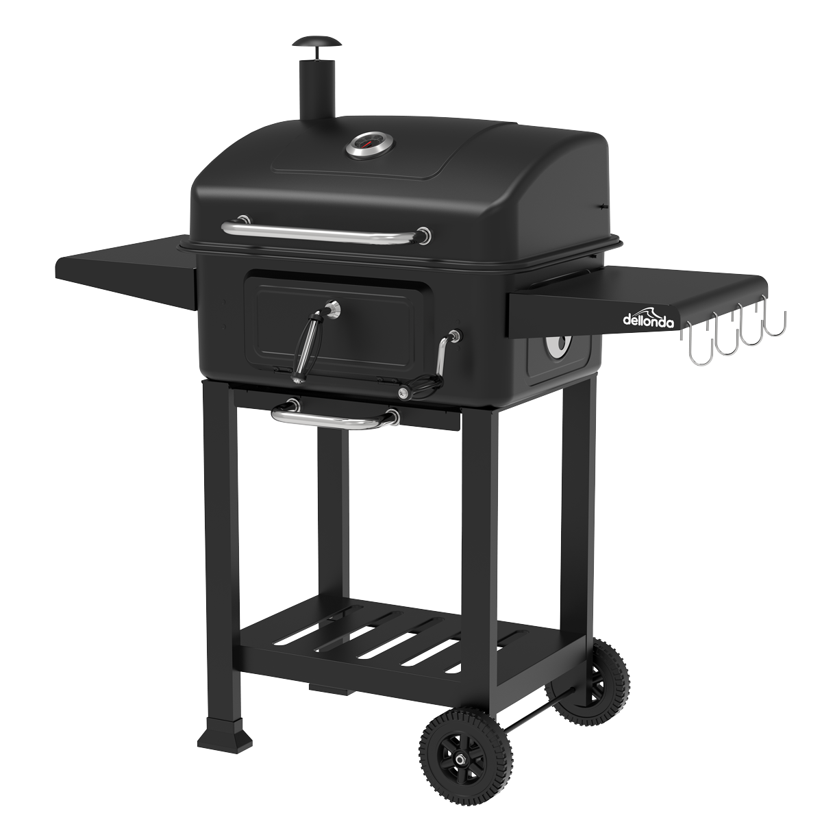 Dellonda DG283 Dellonda Charcoal Grill BBQ Smoker & Trolley with 2 Side Shelves - Black