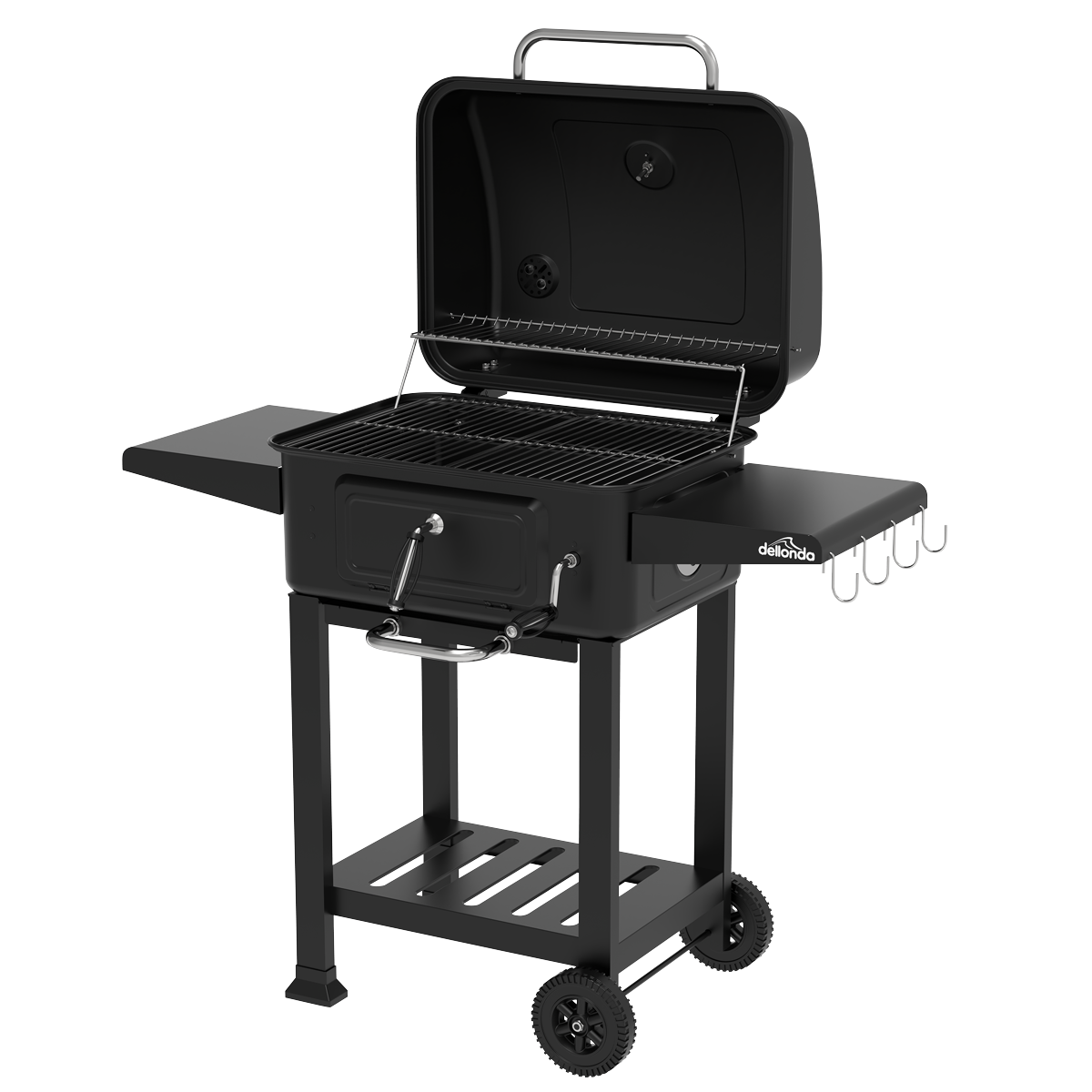 Dellonda DG283 Dellonda Charcoal Grill BBQ Smoker & Trolley with 2 Side Shelves - Black