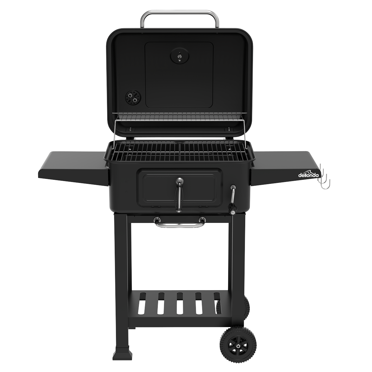 Dellonda DG283 Dellonda Charcoal Grill BBQ Smoker & Trolley with 2 Side Shelves - Black