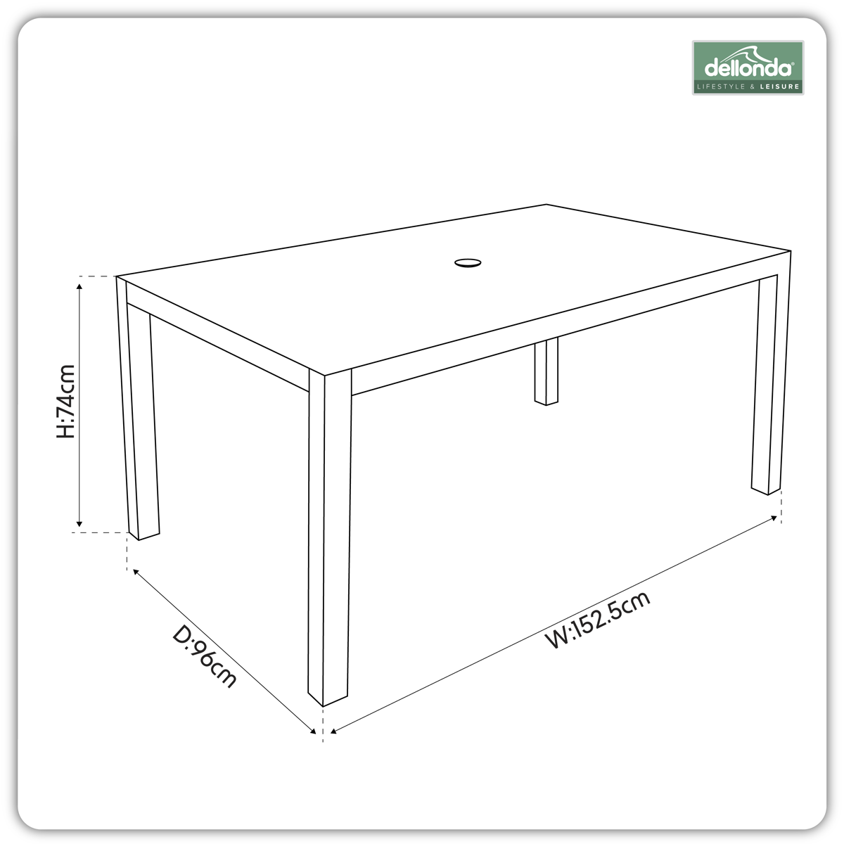 Dellonda DG51 Dellonda Fusion Aluminium Garden Dining Table with Tempered Glass & Parasol Hole - Light Grey