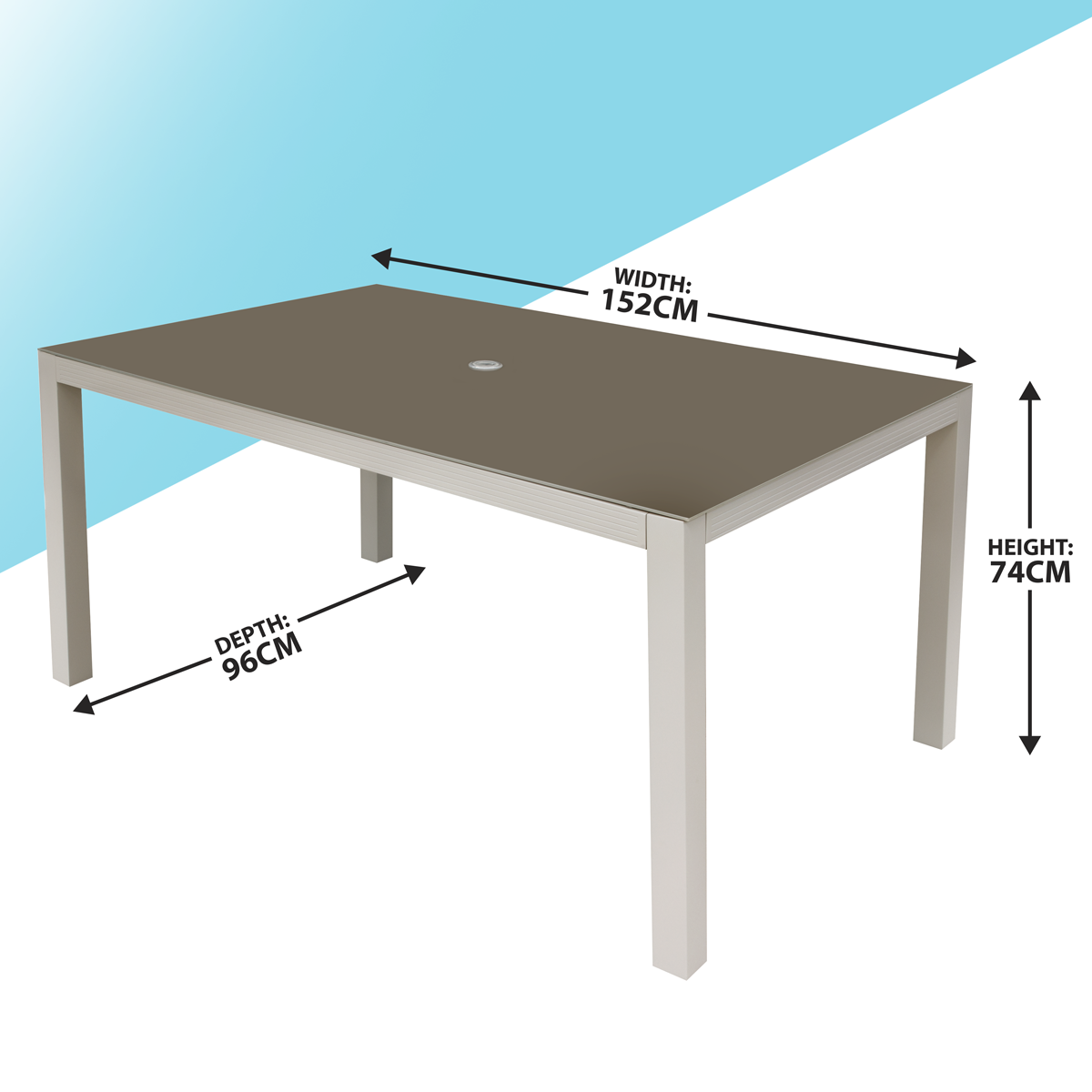 Dellonda DG51 Dellonda Fusion Aluminium Garden Dining Table with Tempered Glass & Parasol Hole - Light Grey