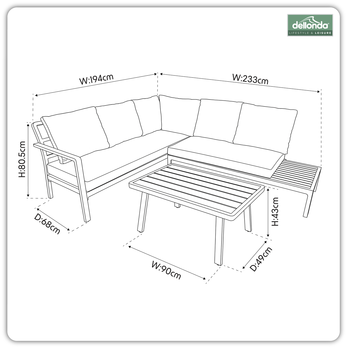 Dellonda DG53 Dellonda Kyoto Aluminium Outdoor Corner Sofa & Coffee Table Set 3pc