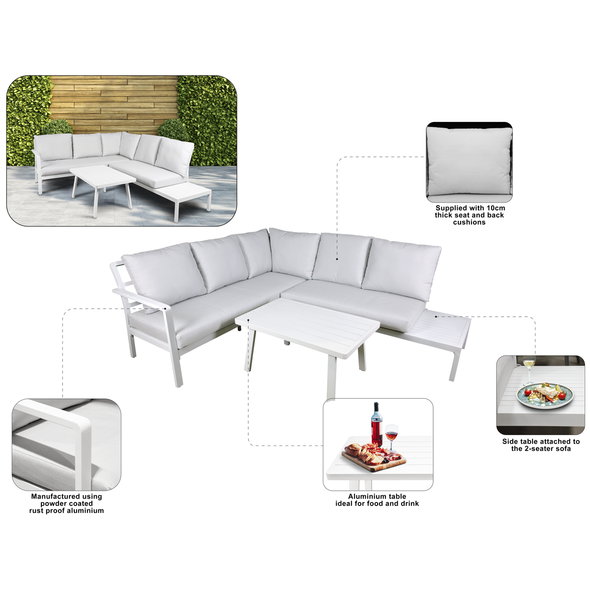 Dellonda DG53 Dellonda Kyoto Aluminium Outdoor Corner Sofa & Coffee Table Set 3pc
