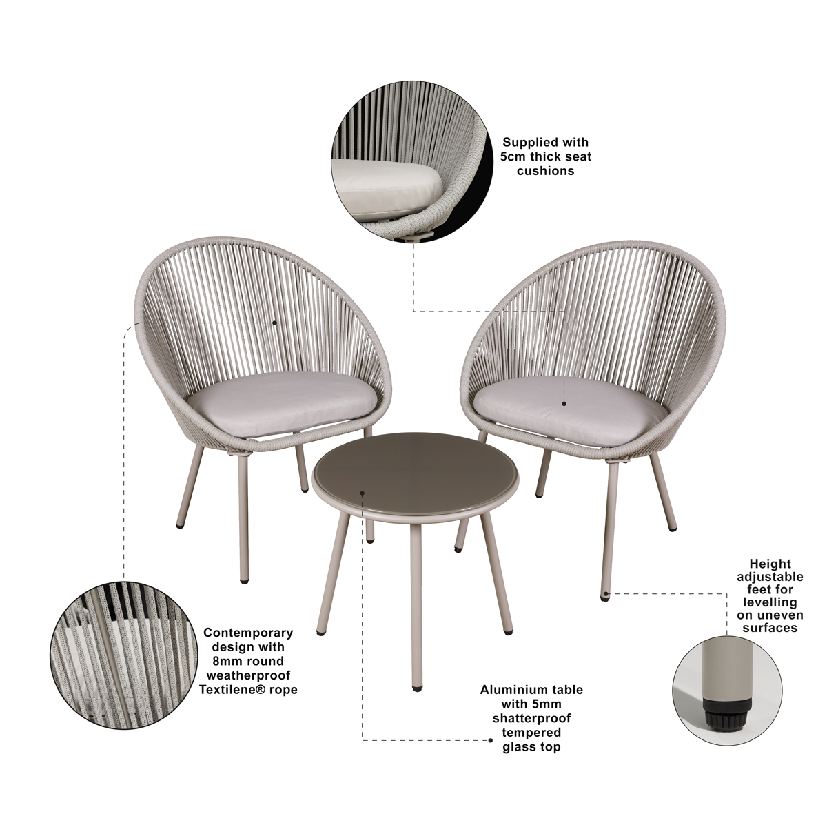 Dellonda DG55 Dellonda Como Steel Bistro Set with Tempered Glass Tabletop 3pc