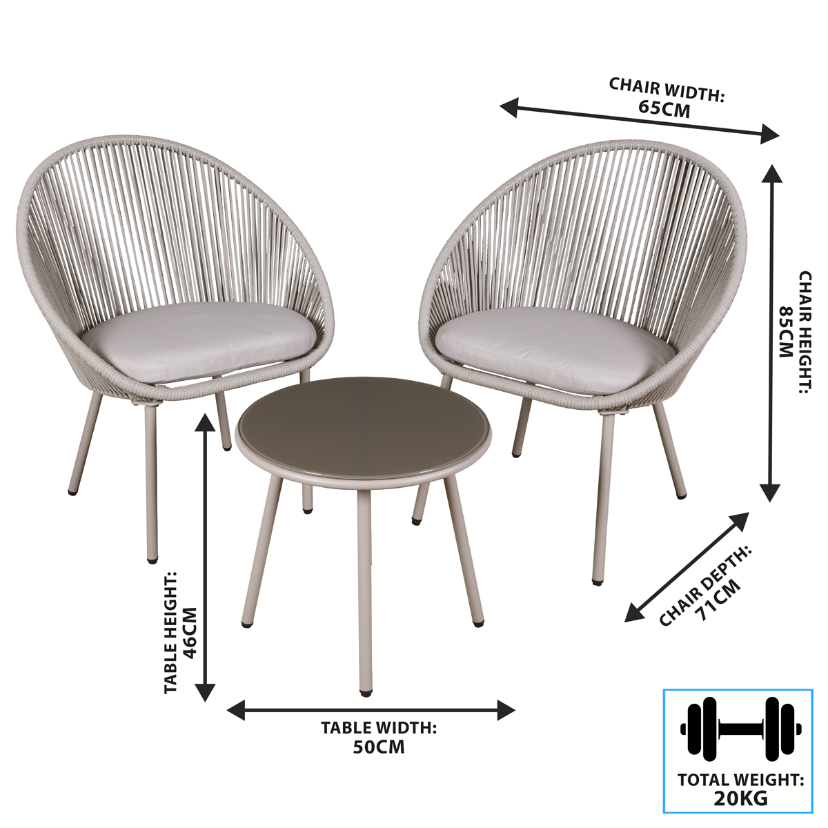 Dellonda DG55 Dellonda Como Steel Bistro Set with Tempered Glass Tabletop 3pc