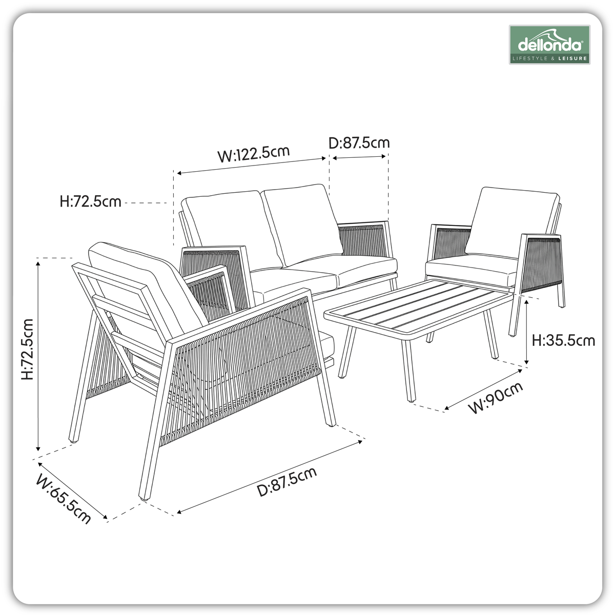 Dellonda DG56 Dellonda Fusion Aluminium Outdoor Sofa, Arm Chairs & Coffee Table Set 4pc