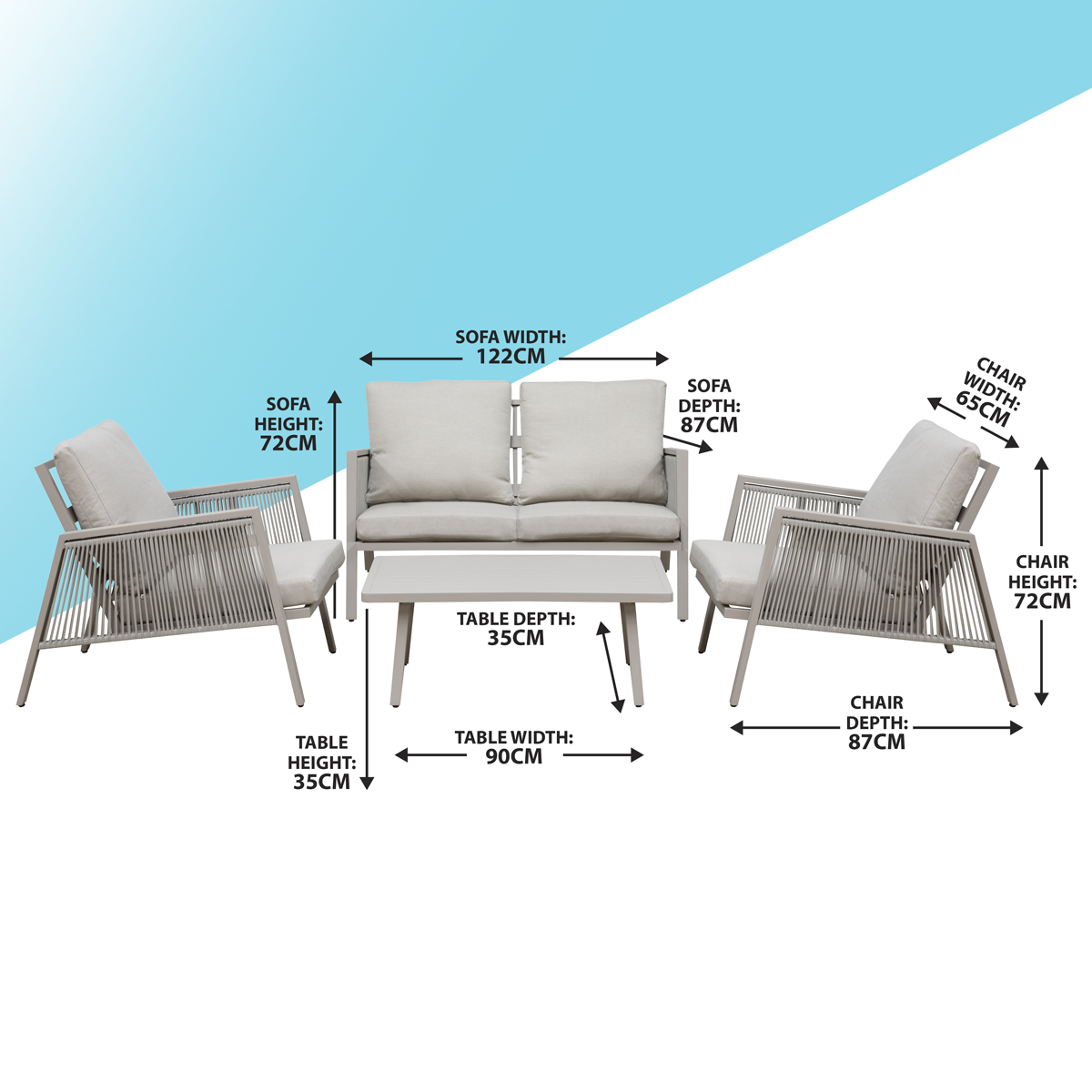 Dellonda DG56 Dellonda Fusion Aluminium Outdoor Sofa, Arm Chairs & Coffee Table Set 4pc