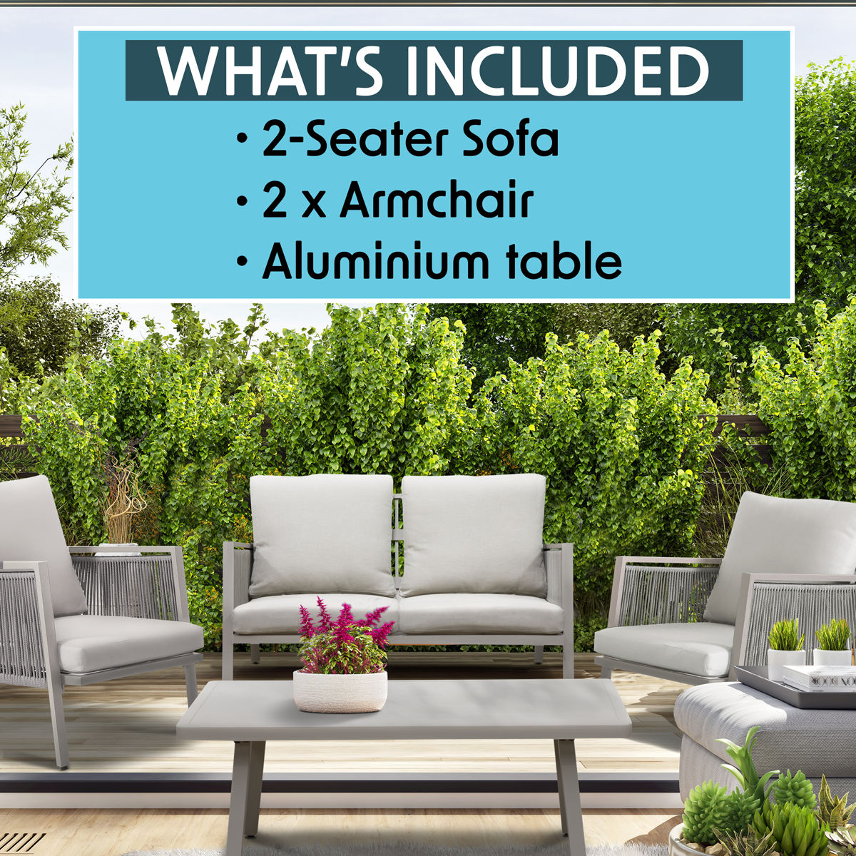 Dellonda DG56 Dellonda Fusion Aluminium Outdoor Sofa, Arm Chairs & Coffee Table Set 4pc