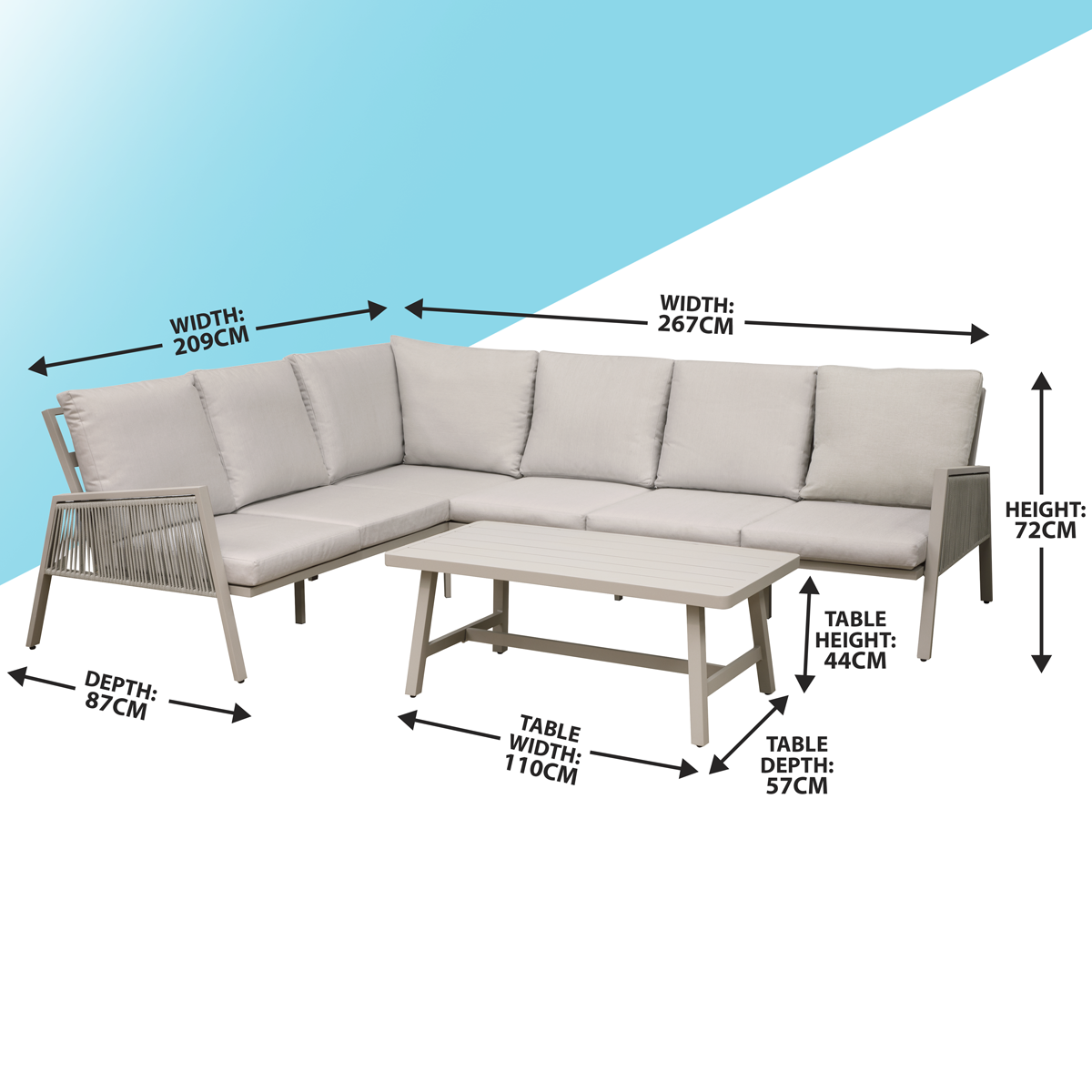 Dellonda DG57 Dellonda Fusion Aluminium Outdoor Corner Sofa & Coffee Table Set 4pc