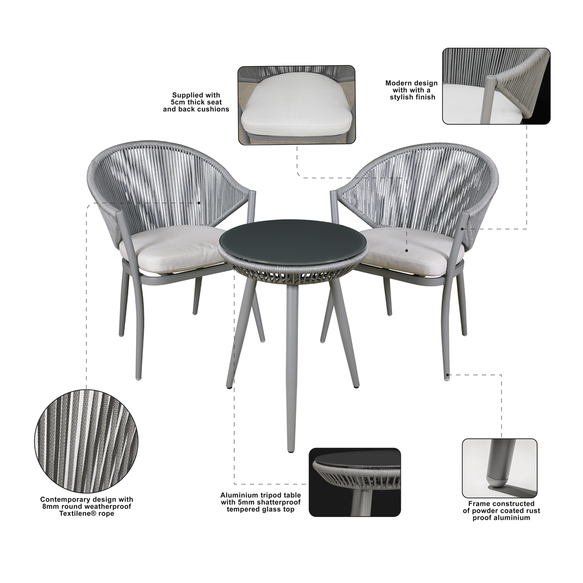 Dellonda DG58 Dellonda Echo Aluminium Balcony Set with Tempered Glass Tabletop 3pc