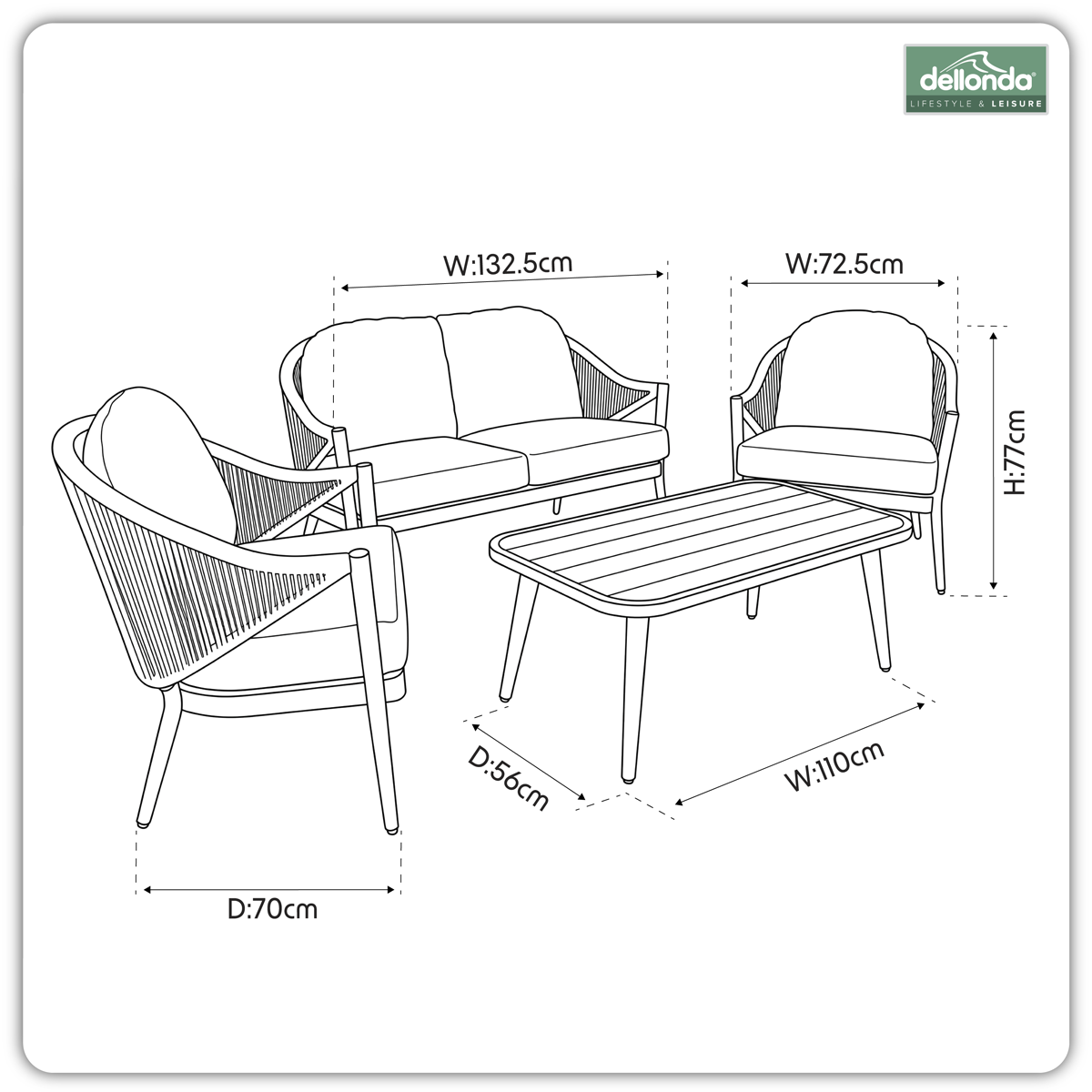 Dellonda DG59 Dellonda Echo Aluminium Outdoor Sofa, Chair & Coffee Table Set 4pc